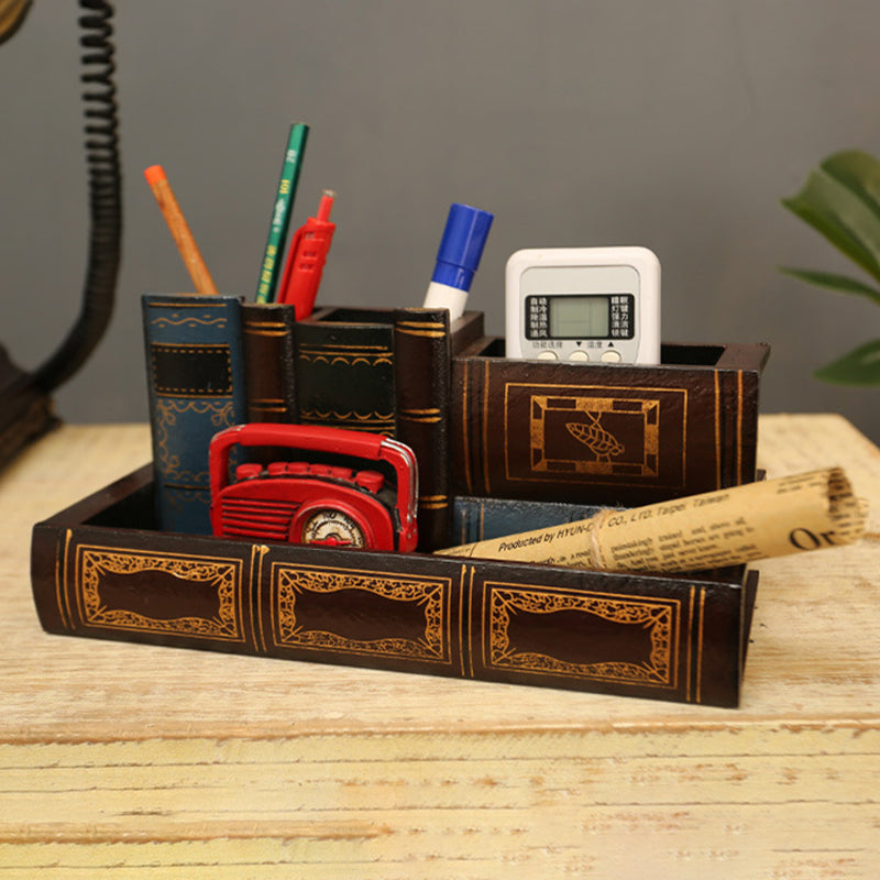 Retro Wood Pen Holder - Book Shape Desk Organizer