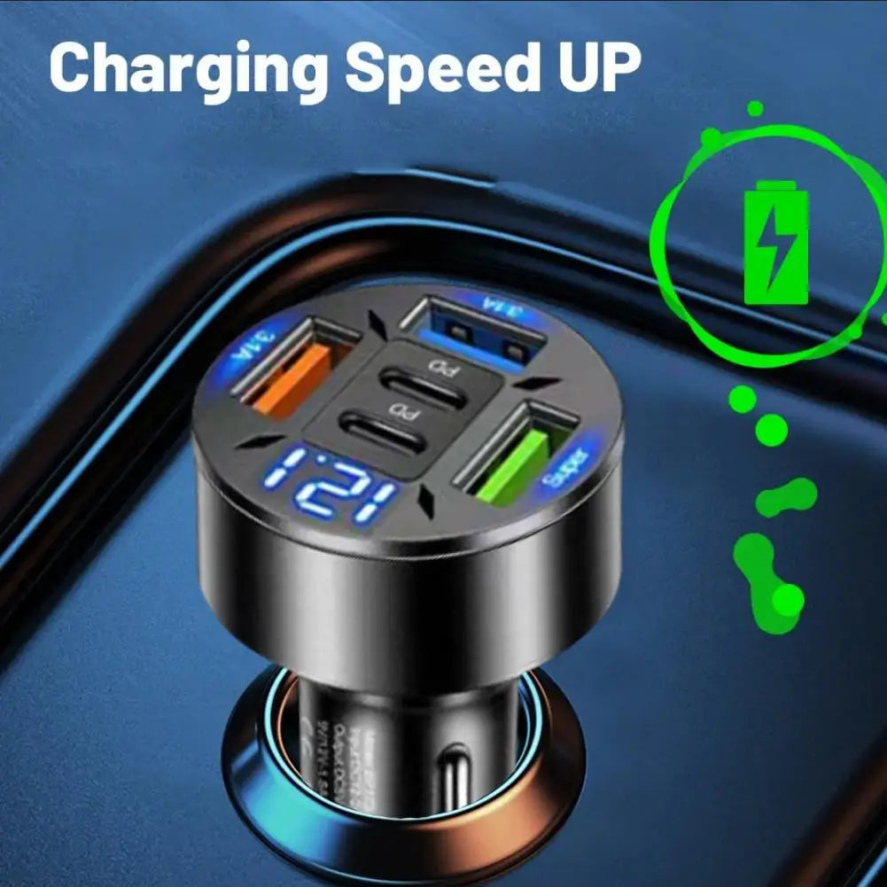 250W 5-Port Car Charger with Digital Display - PD QC3.0 Fast Charging