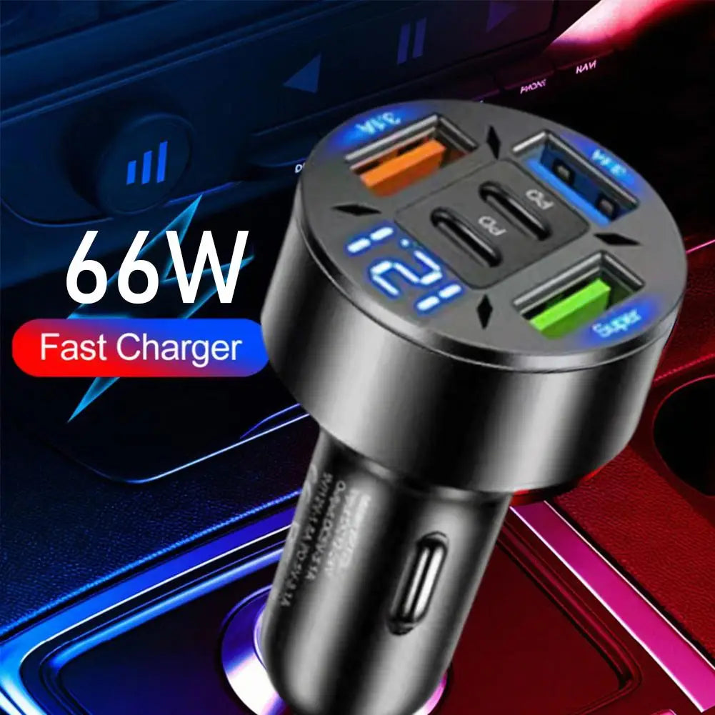250W 5-Port Car Charger with Digital Display - PD QC3.0 Fast Charging